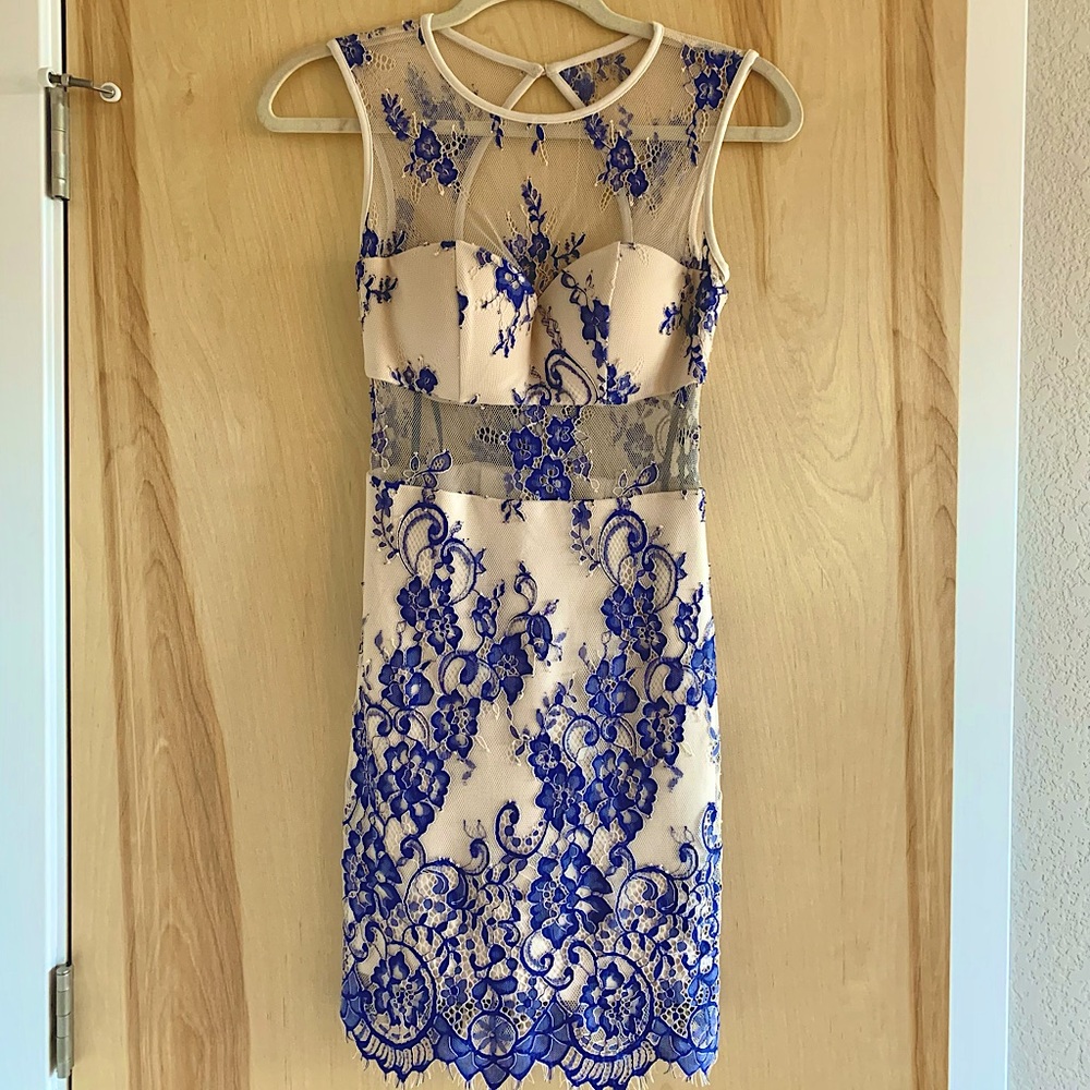 Bebe Blue & Tan Lace Cocktail Dress